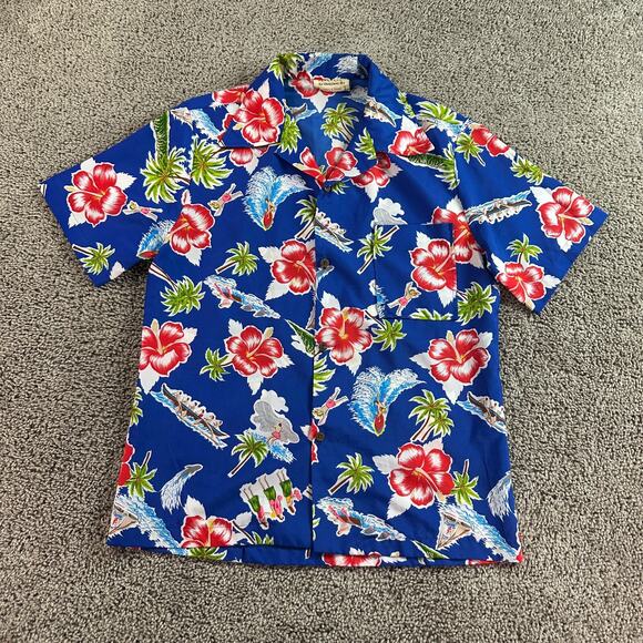 VINTAGE Naty's Of Hawaii Shirt Mens Medium Blue Hawaiian Aloha Button Up 80s - Picture 1 of 9